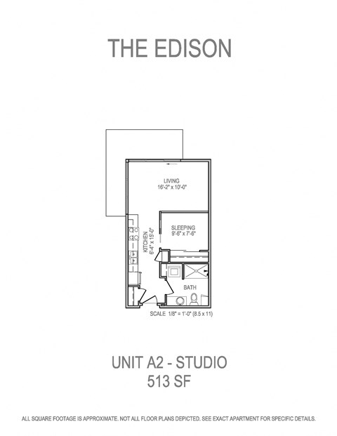 Floor plan for studio, 1 bath, 513 sqft